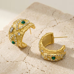Turquoise-Color and Rhinestone C-Hoop Earrings