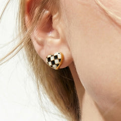Checkerboard Enamel Heart Stud Earrings