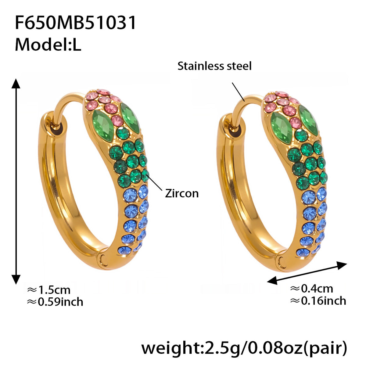 18K Gold-Plated Snake-Design Cubic Zirconia Huggie Earrings