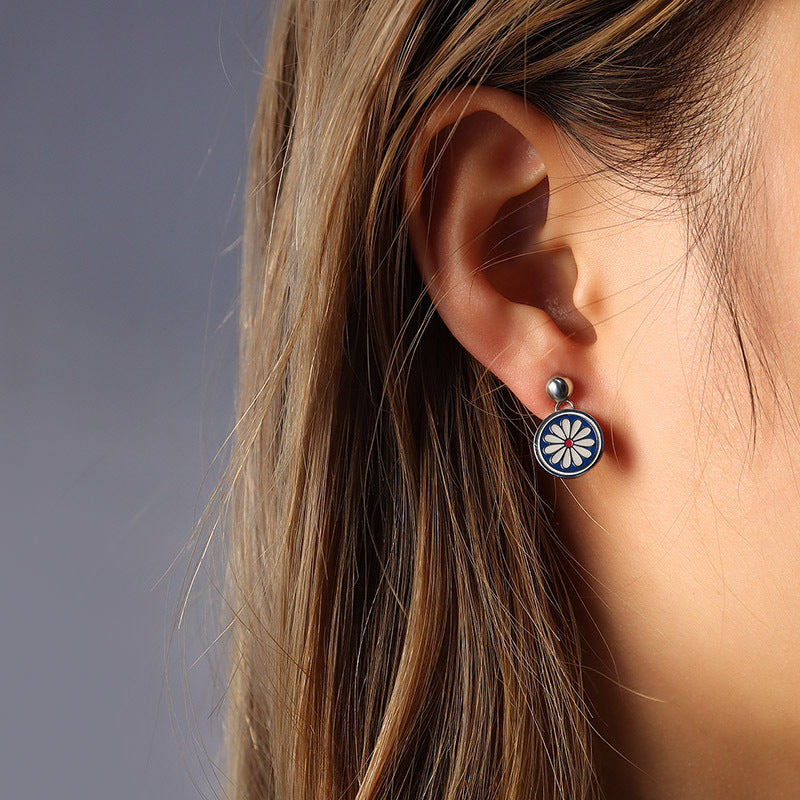 Enamel Daisy Coin Drop Earrings