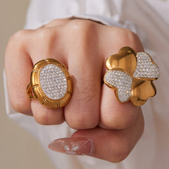 18K Gold-Plated Clover or Oval Stone-Set Ring