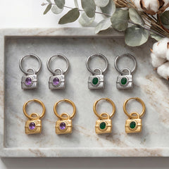 Cubic Zirconia Padlock Charm Hoop Earrings