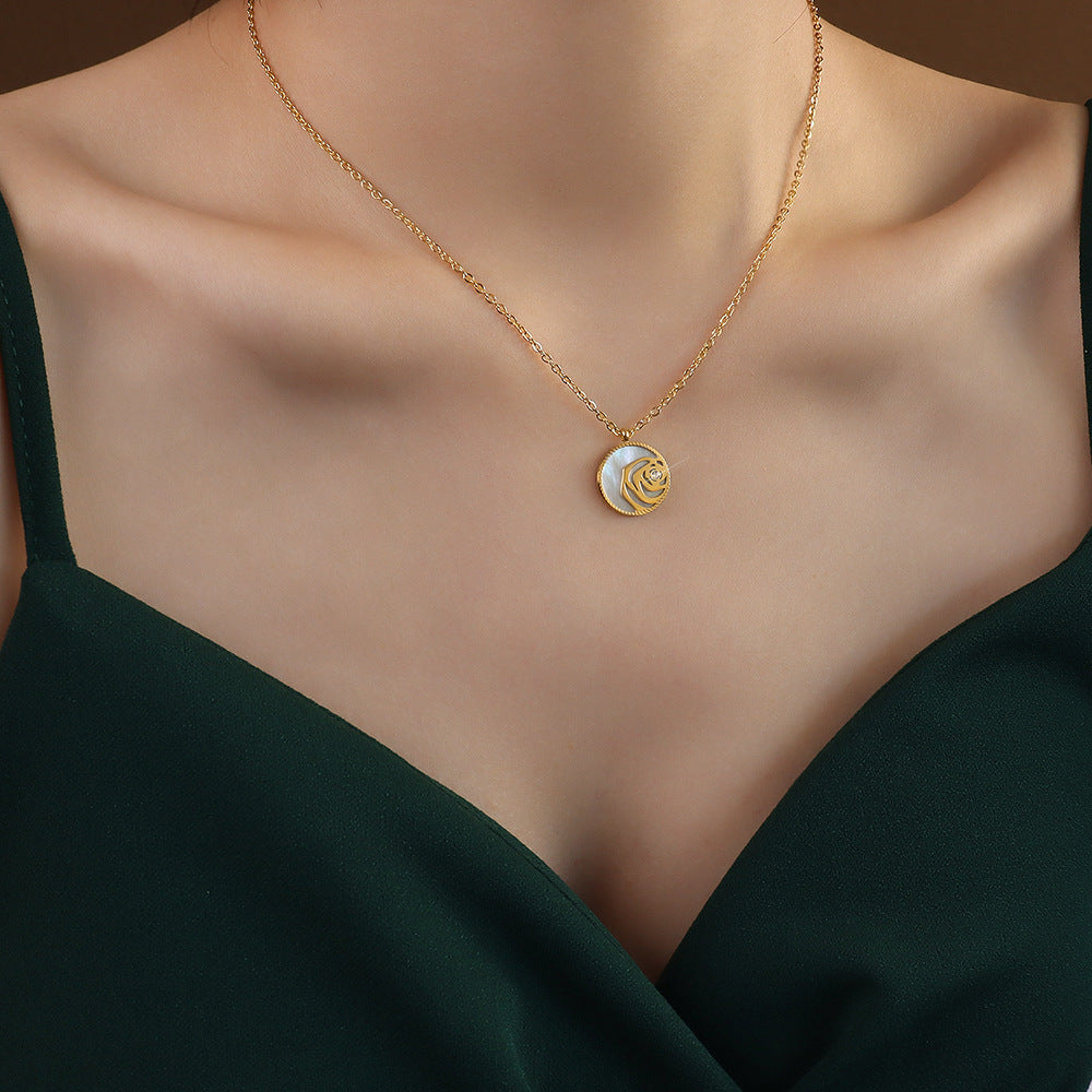 18K Gold-Plated Shell Rose Coin Pendant Necklace
