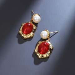 Nadine Vintage-Inspired Red Agate Pearl Stud Earrings