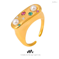 18K Gold-Plated Pearl-Look & Colorful Stone Open Ring