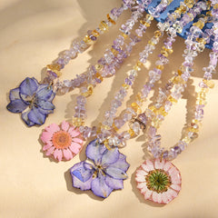 Resin Flower & Crystal Pendant Necklace