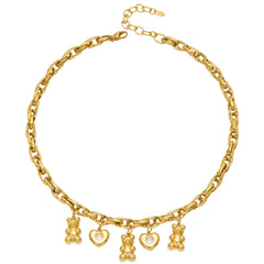 18K Gold-Plated Bear and Heart Charm Necklace