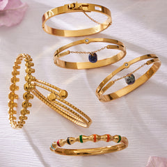 18K Gold-Plated Bamboo and Stone Detail Bangle Bracelet
