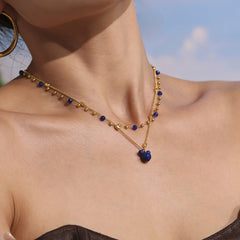 Blue Beaded Layered Character Pendant Necklace