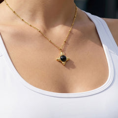 Black Agate Cross-Motif Pendant Necklace & Earrings