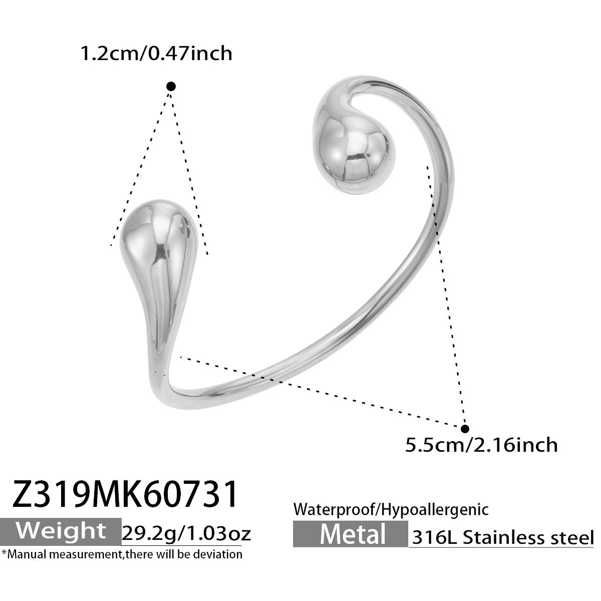 Sculptural Teardrop-End Open Cuff Bracelet