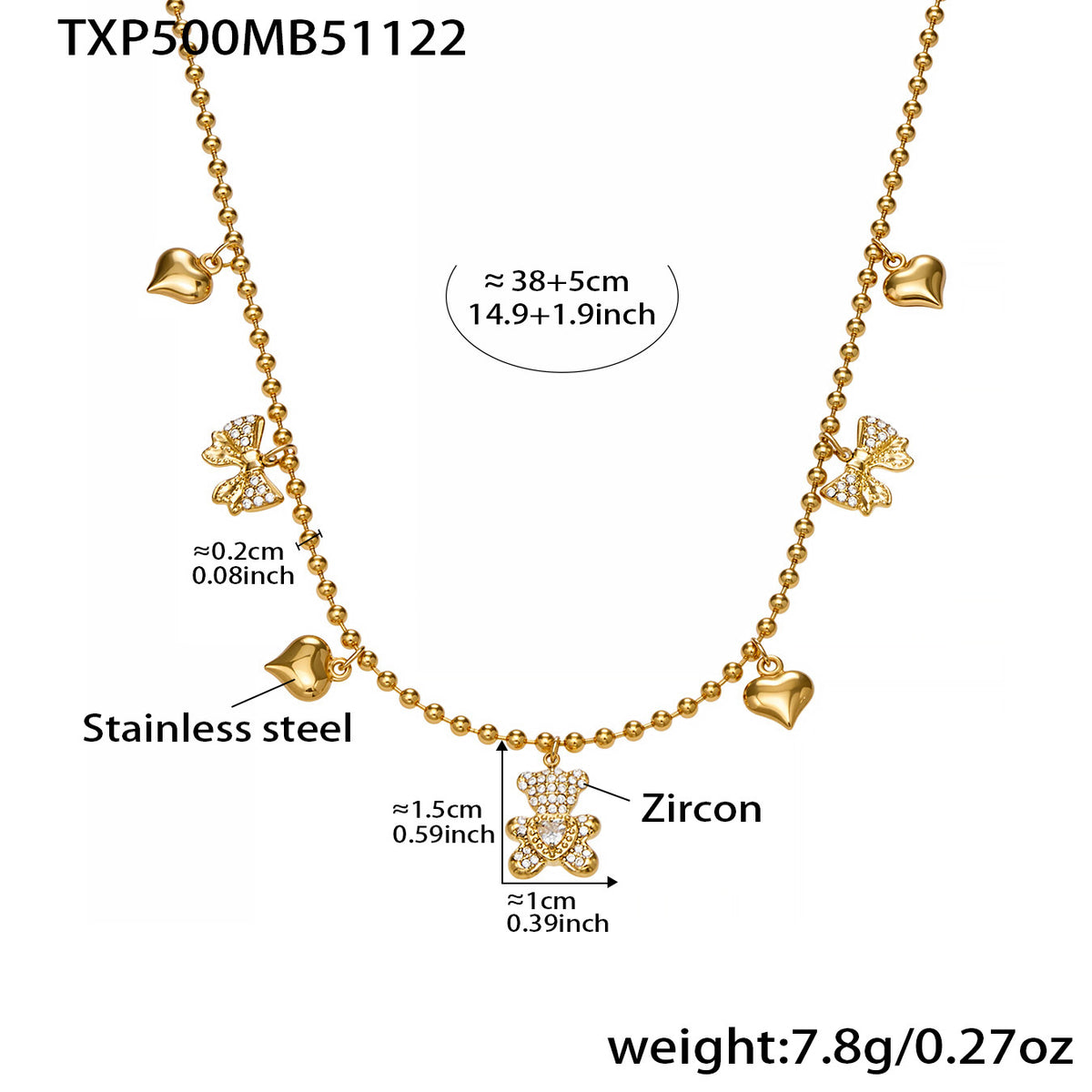 Bear & Heart Charm Necklace, Bracelet, Anklet & Earrings