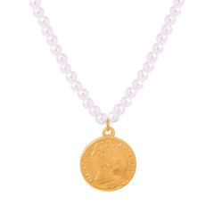Faux Pearl Portrait Coin Pendant Necklace