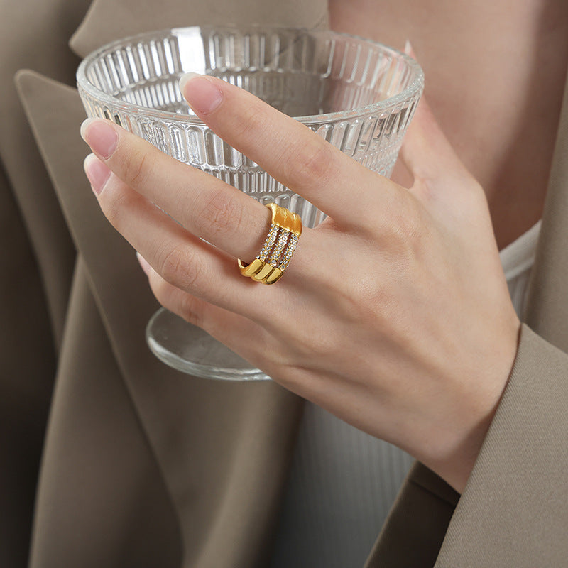Multi-Band Rhinestone Accent Stainless Steel Ring