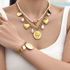 18K Gold-Plated Heart and Faux Pearl Charm Jewelry