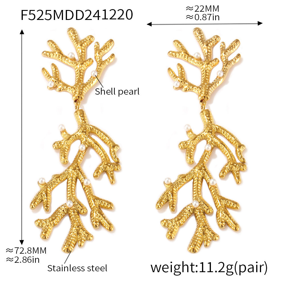 18K Gold-Plated Coral Branch Shell Pearl-Look Earrings
