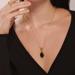 Long Oval Black Agate & Tiger Eye Pendant Necklace