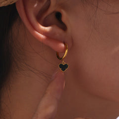 Black Agate Heart Huggie Earrings