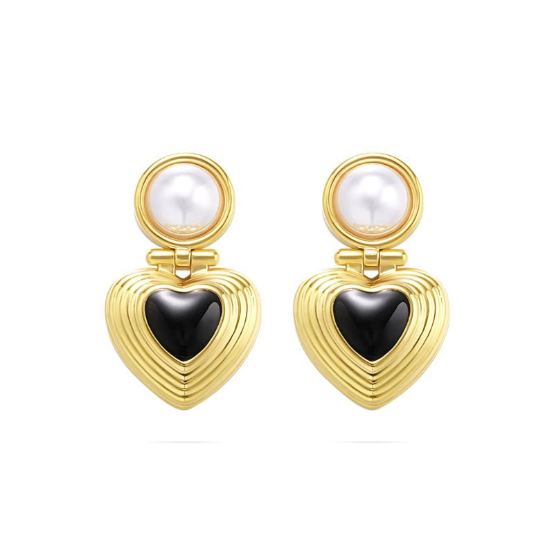 Nadine Vintage-Inspired Black Agate Pearl Heart Stud Earrings