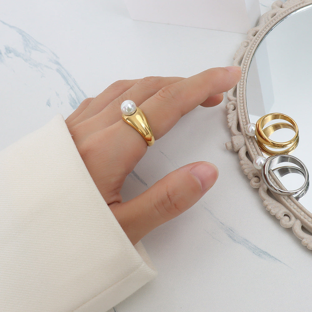 18K Gold-Plated Faux Pearl Accent Band Ring