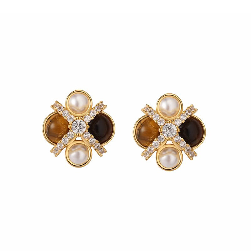 Nadine Tiger-Eye Pavé Stud Earrings