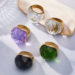 18K Gold-Plated Faceted Glass Statement Ring
