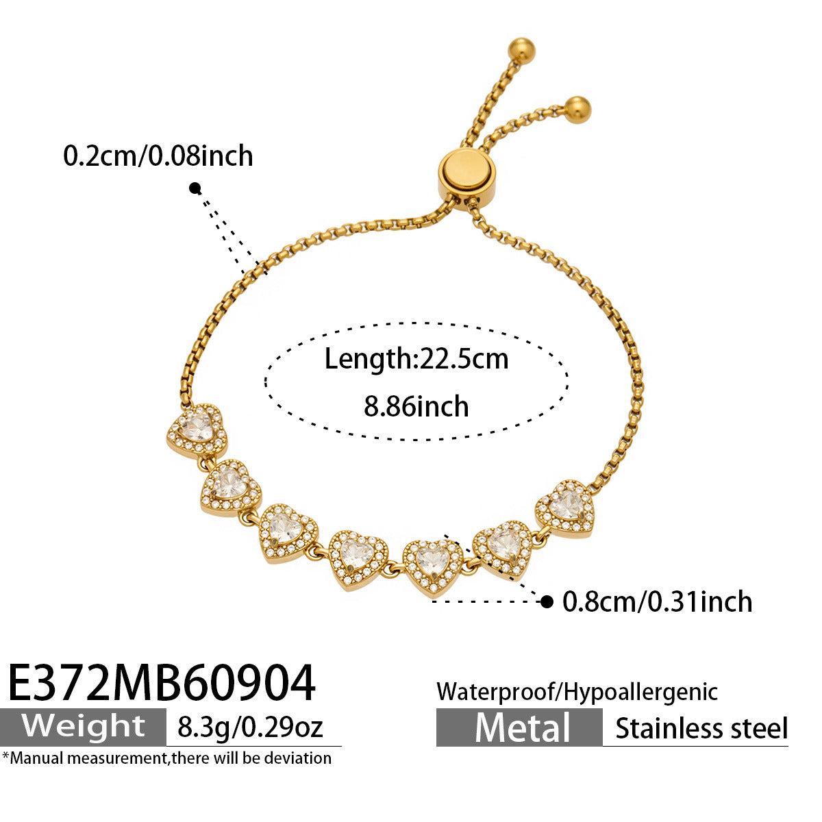 Adjustable Cubic Zirconia Heart Bracelet