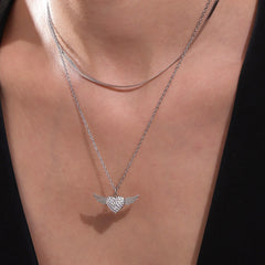 Winged Heart Cubic Zirconia Necklace or Flat Chain