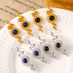 Snake-Shaped Round Stone Drop Earrings