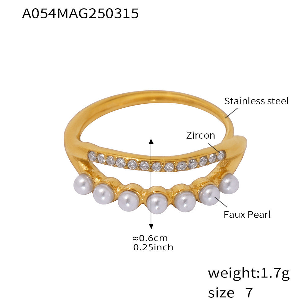 18K Gold-Plated Pearl-Look Cubic Zirconia Ring