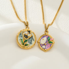 18K Gold-Plated Floral Enamel Medallion Necklace