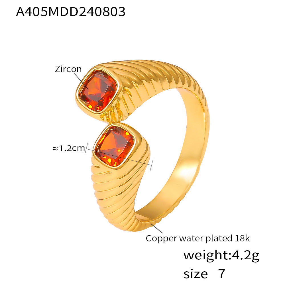 Gold-Tone Red Cubic Zirconia Ribbed Open Ring