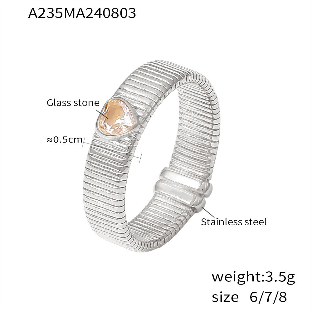 18K Gold-Plated Ribbed Heart Stone Ring