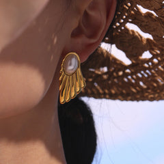Shell-Pearl Fan-Shaped Stud Earrings