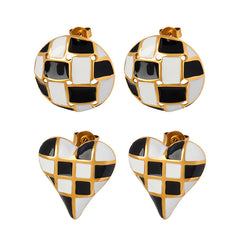 Checkerboard Enamel Heart or Round Stud Earrings