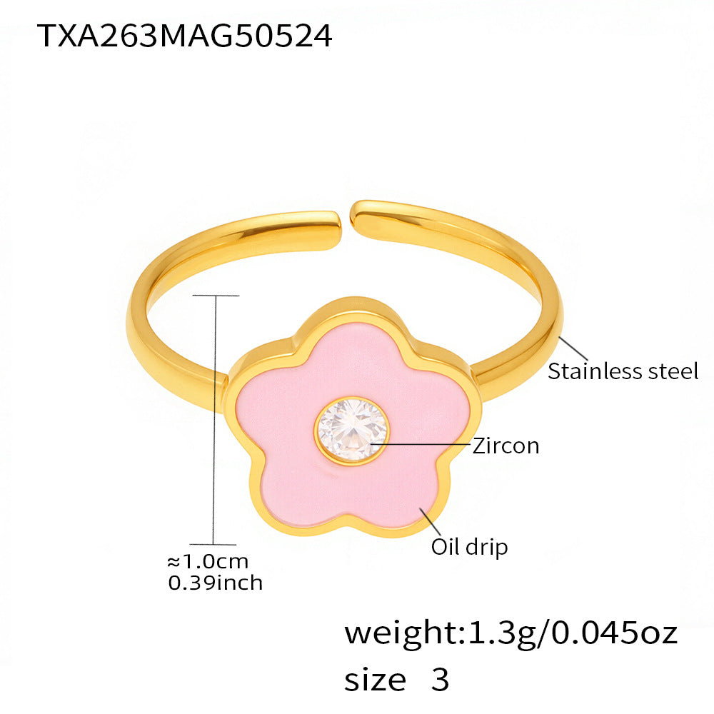 Gold-Tone Pink Enamel Flower Ring