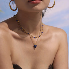 Blue Beaded Layered Character Pendant Necklace