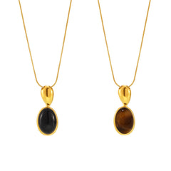 Long Oval Black Agate & Tiger Eye Pendant Necklace