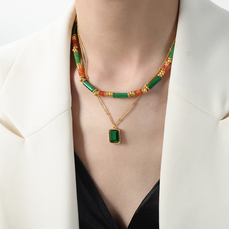 Green Stone & Geometric Pendant Layered Necklace
