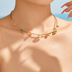 18K Gold-Plated Open Collar with Colored Glass Accents