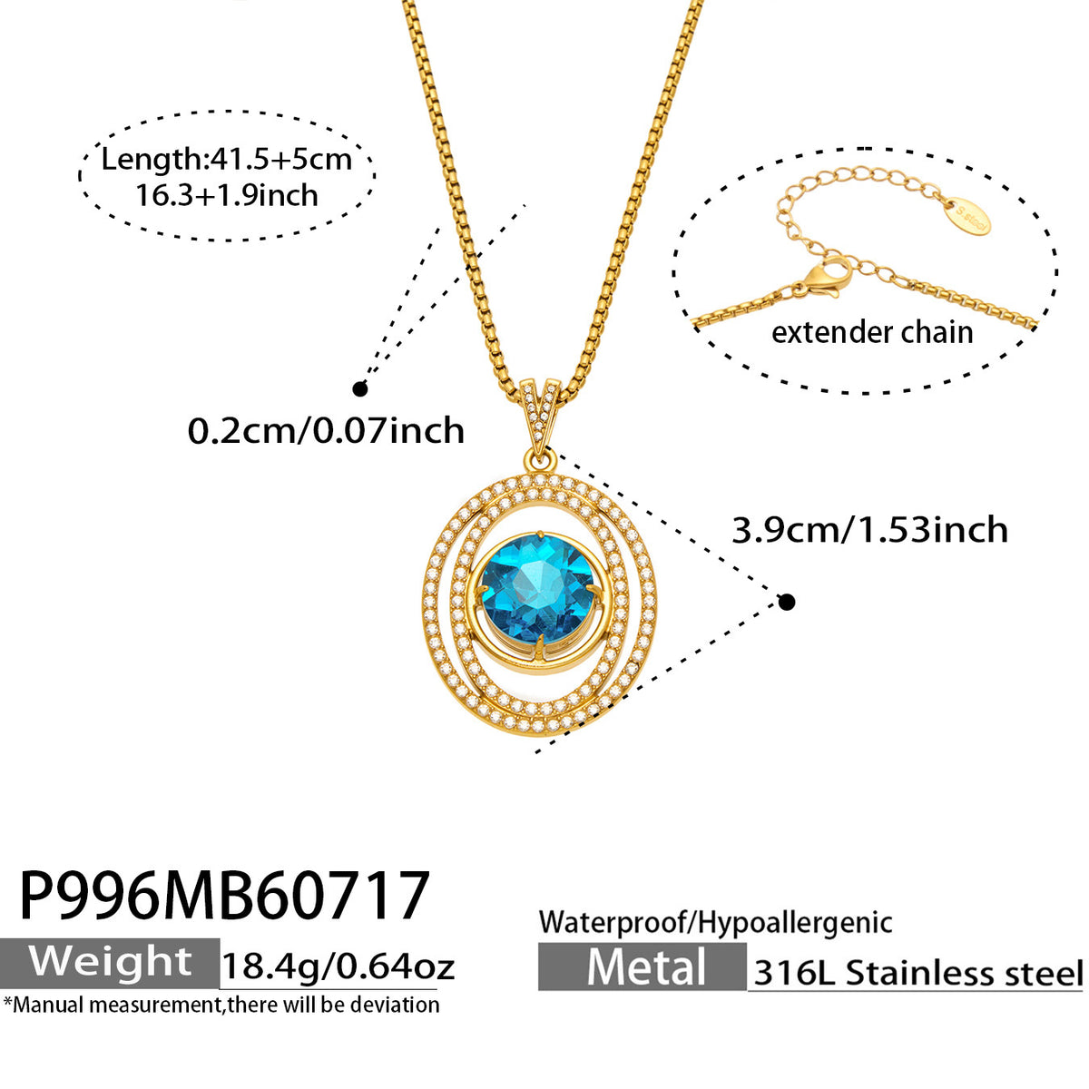 Blue Glass & Cubic Zirconia Oval Pendant Necklace