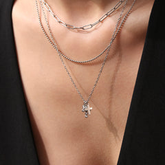 Cubic Zirconia Cross Charm Layered Necklace
