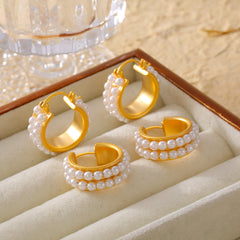 Gold-Tone Double Row Beaded Hoop Earrings