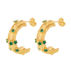 18K Gold-Plated Green Glass C-Hoop Earrings