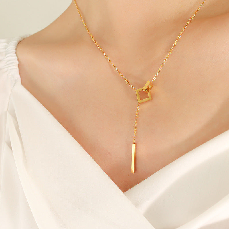 Geometric Bar & Open-Square Lariat Necklace
