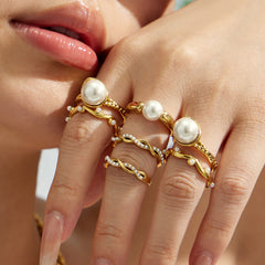 Gold-Tone Pearl-Look Statement Rings