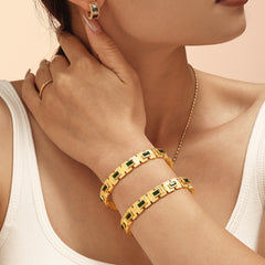 18K Gold-Plated Green Glass Geometric Clasp Bracelet