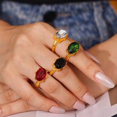 18K Gold-Plated Oval Glass Statement Ring