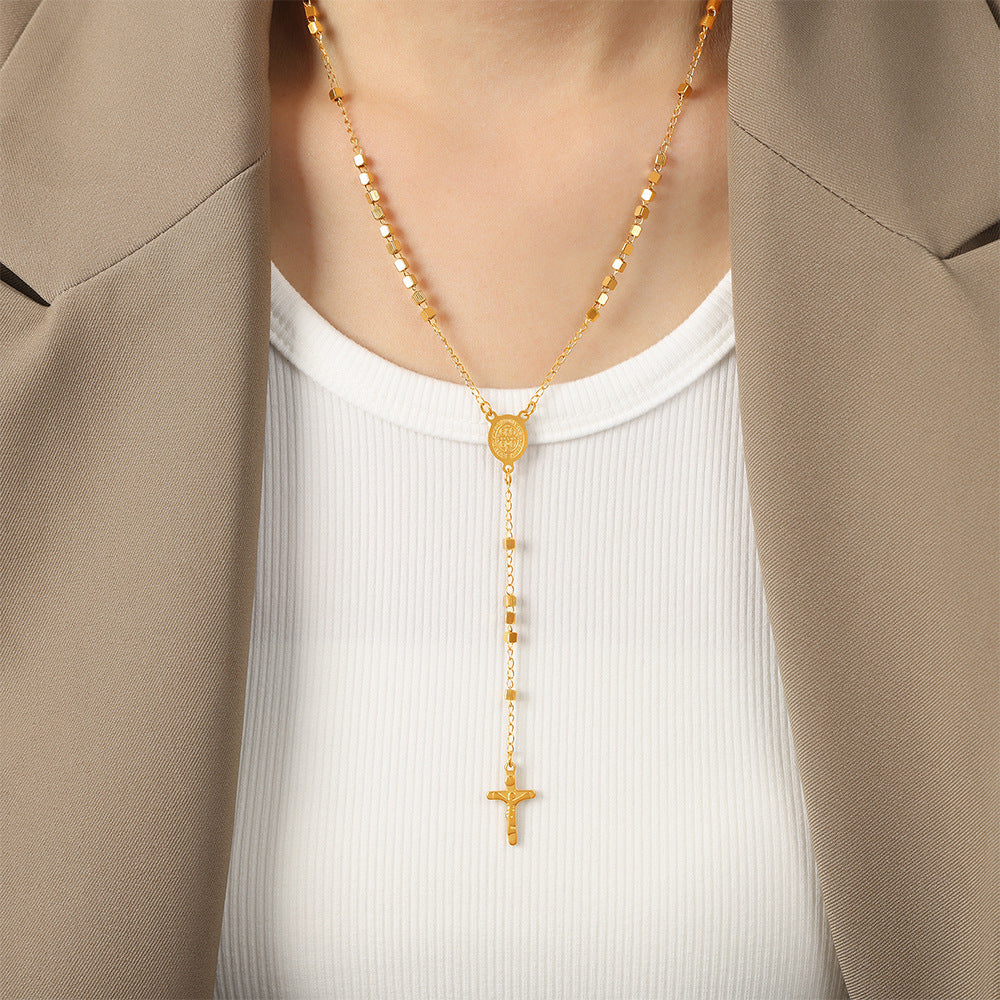 Cross Drop Bead Station Long Necklace