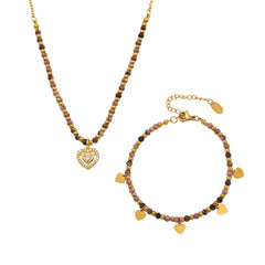 Natural Stone Heart Pendant Necklace & Bracelet